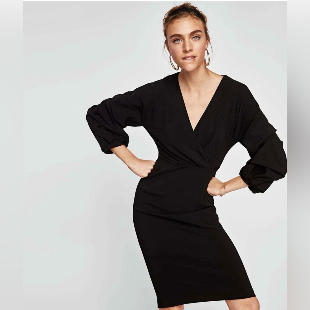Zara black midi, V-Neck, 3/4 puff sleeve dress Sz M